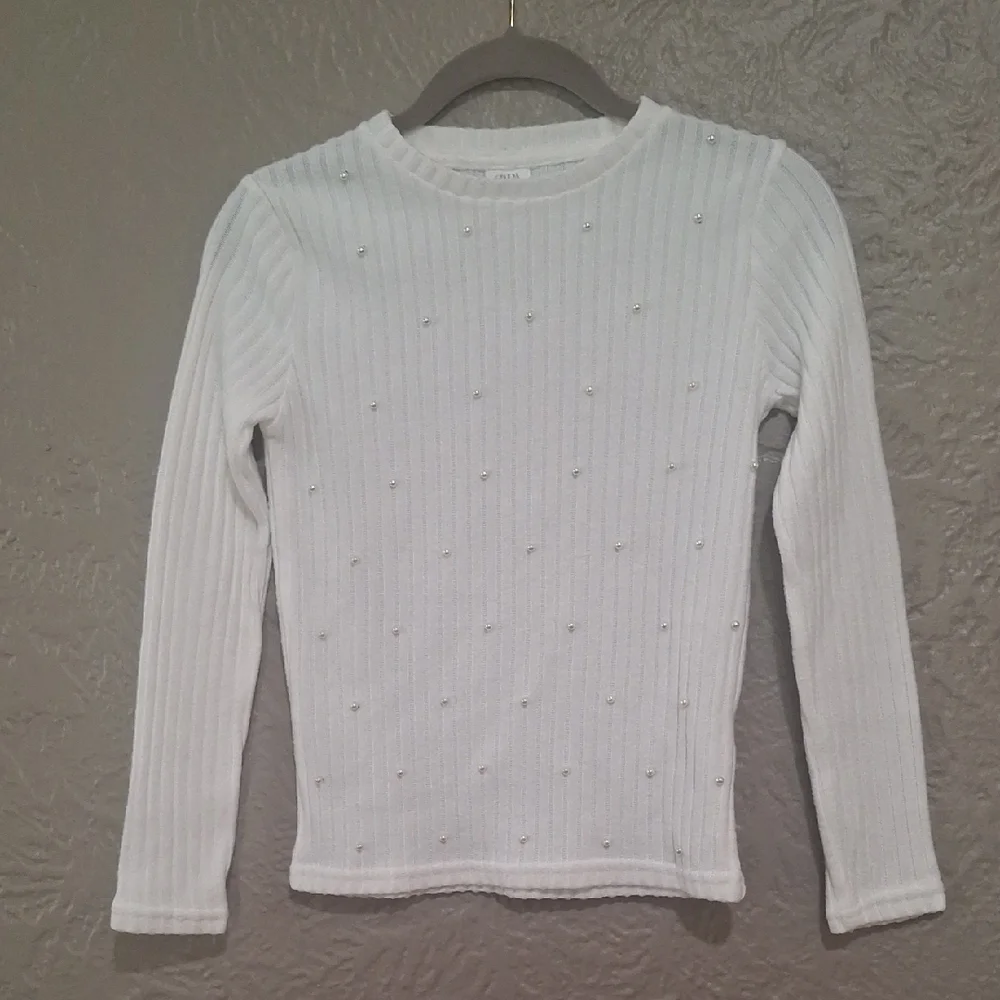 Zara White Ribbed Kids Sweater with Embellishments